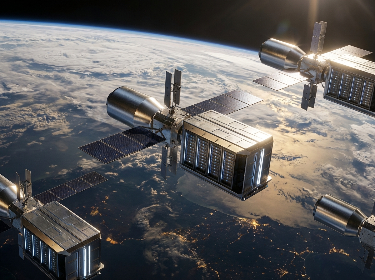 Futuristic Starlink satellites equipped with massive AI data center modules orbiting Earth, sleek metallic design, cinematic lighting with earth background, 4:3