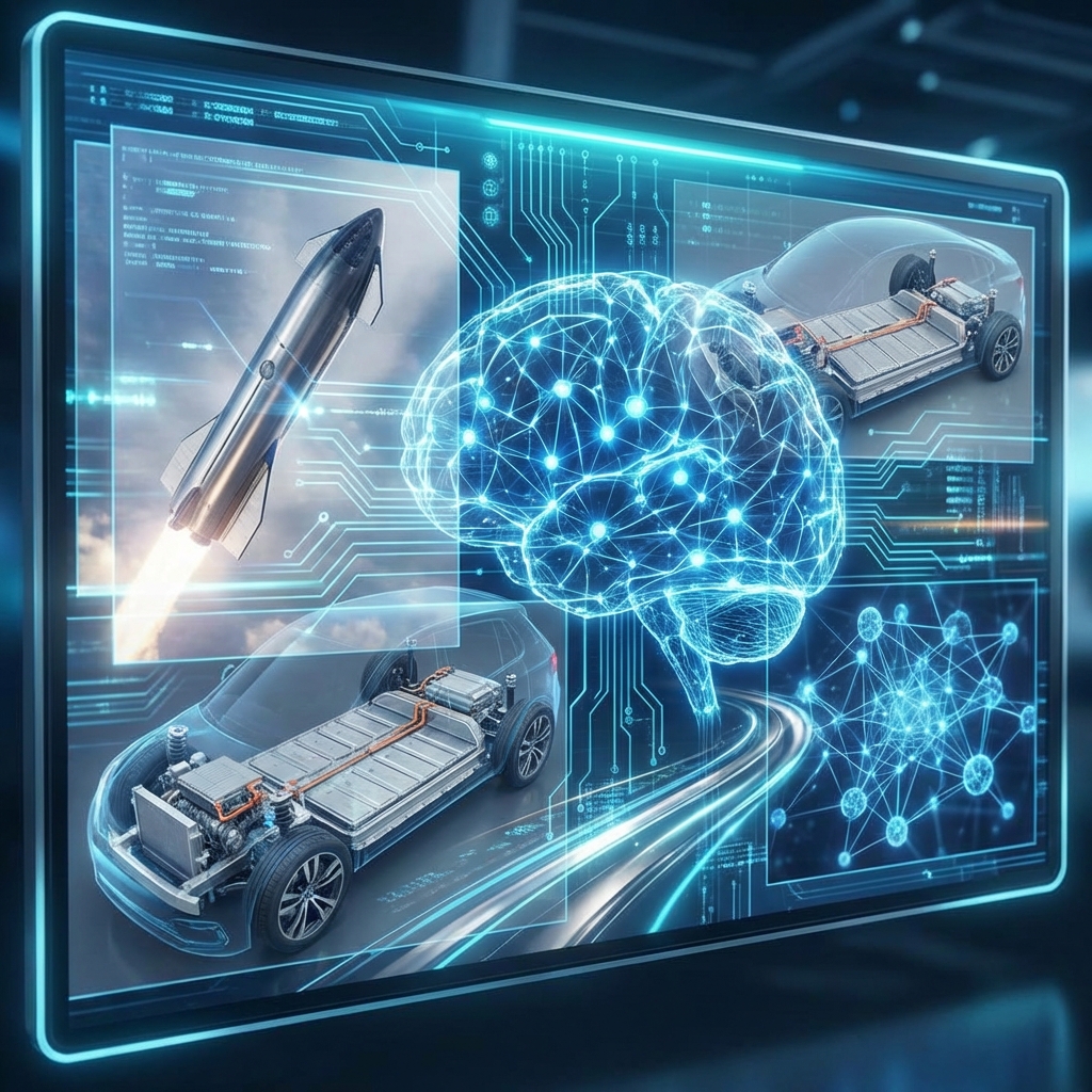 A digital collage showing high-tech rockets, electric vehicle components, and neural network patterns blending together, modern tech aesthetic, vibrant blue and silver tones, 1:1