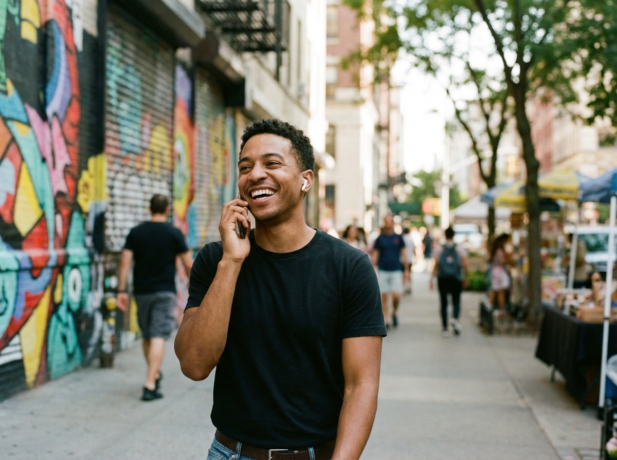 도시를 걸으며 스마트폰 음성 기능을 사용하는 사용자