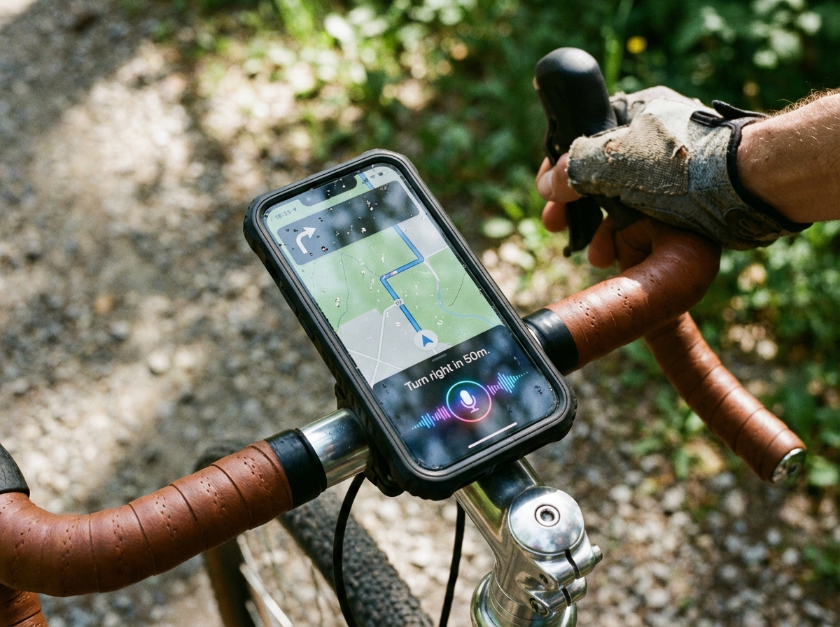 자전거 핸들에 고정된 스마트폰 내비게이션 화면