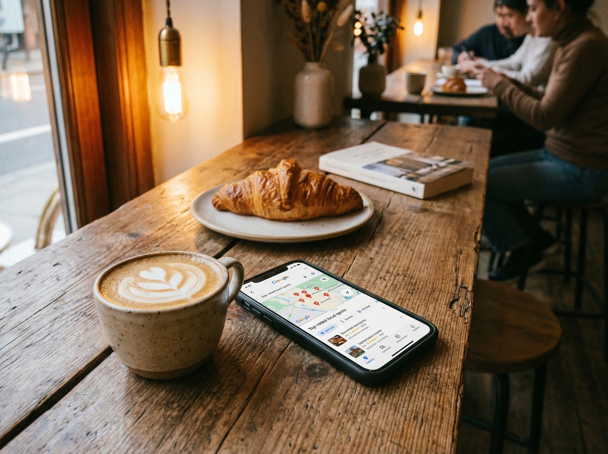 세련된 카페에서 스마트폰으로 지도를 확인하는 모습