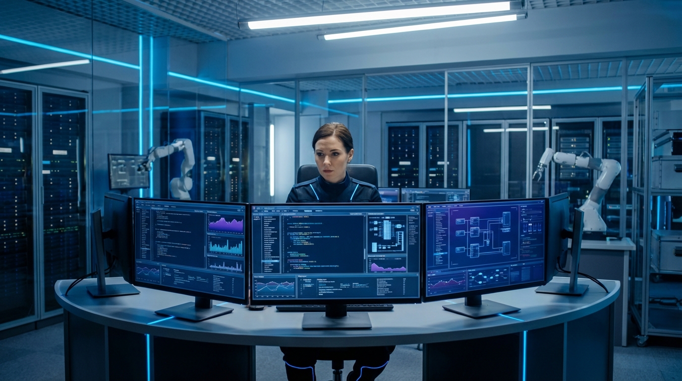 A high-tech laboratory where a software engineer is analyzing complex code and system performance data on multiple large monitors, glowing blue accents, focused expression, futuristic professional environment, cinematic lighting, 16:9 aspect ratio.