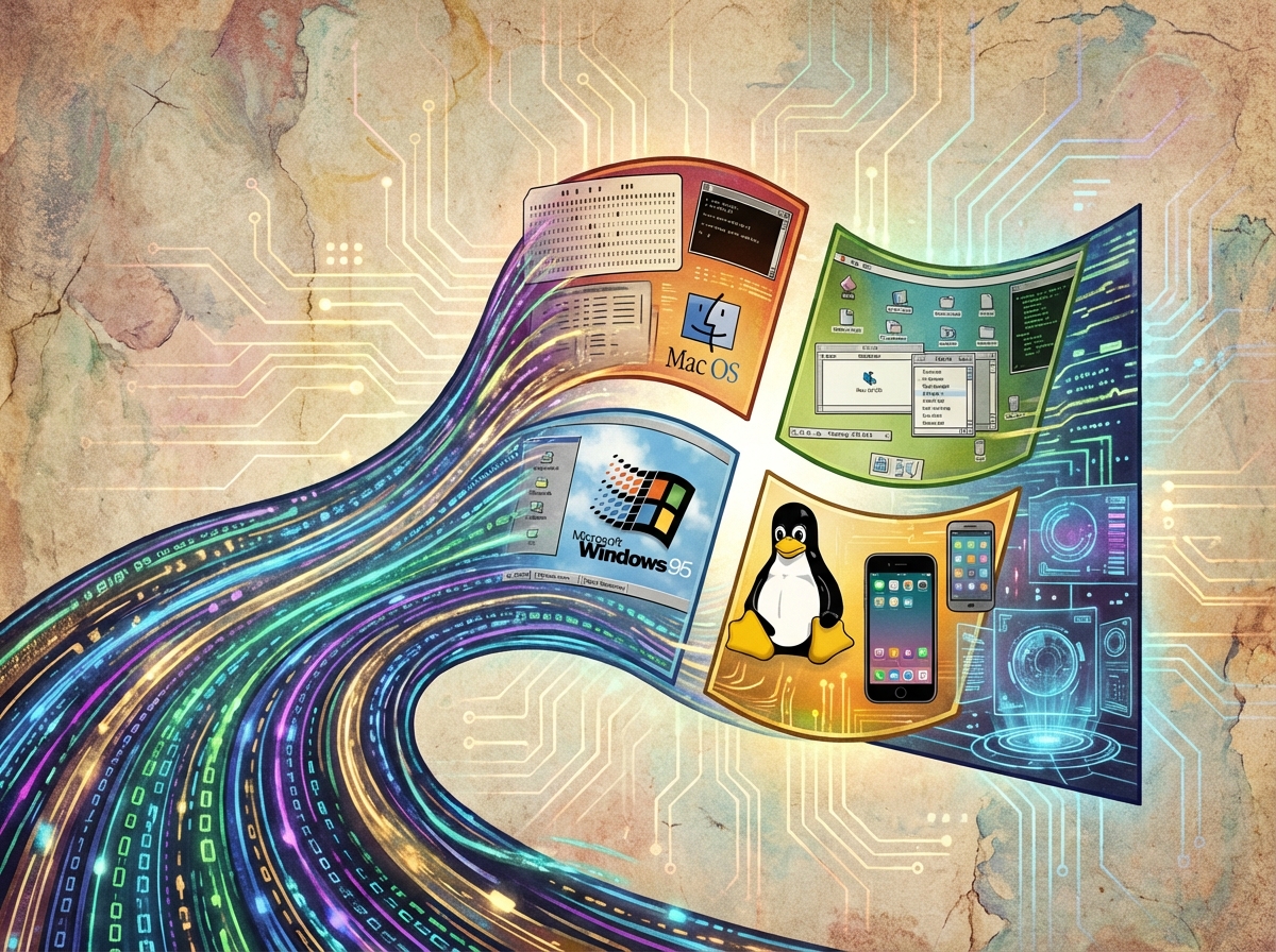 An artistic illustration representing the evolution of computer operating systems, flowing digital streams of data forming a window shape, vibrant colors, textured background with subtle circuitry patterns, modern and innovative feel, 4:3 aspect ratio.