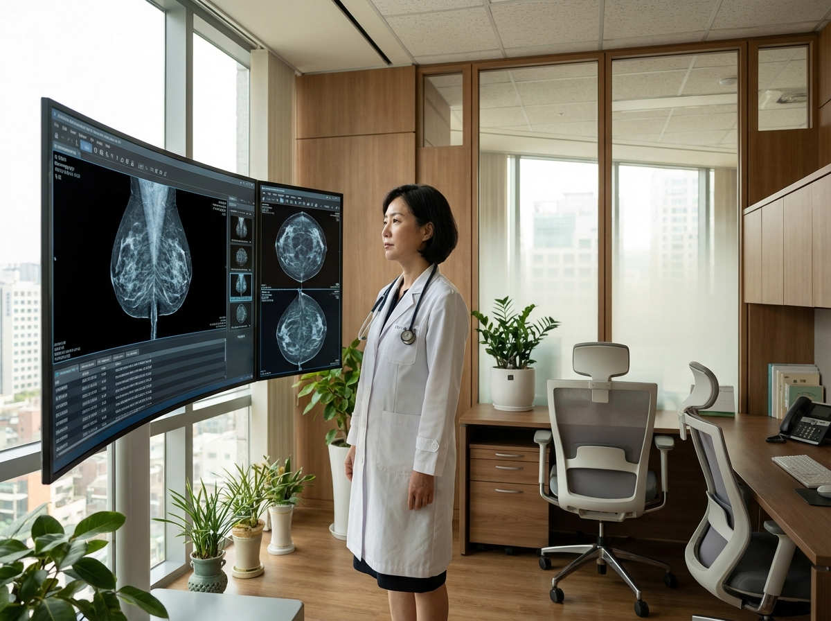 A professional female doctor in a white coat looking at high-tech digital mammography displays in a modern hospital office, Korean appearance, natural lighting, professional atmosphere, 4:3