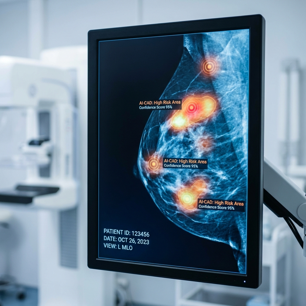 Close-up of a digital medical screen displaying a detailed mammogram with AI generated heatmaps indicating points of interest, clean medical aesthetic, 1:1