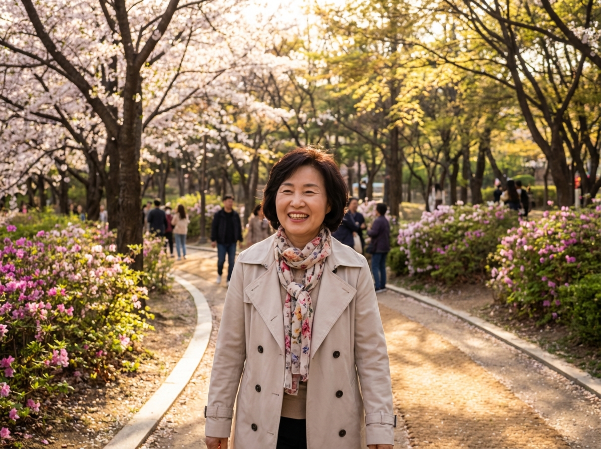 A healthy Korean woman smiling warmly while walking in a beautiful sunlit park during spring, high quality photography, vibrant colors, 4:3