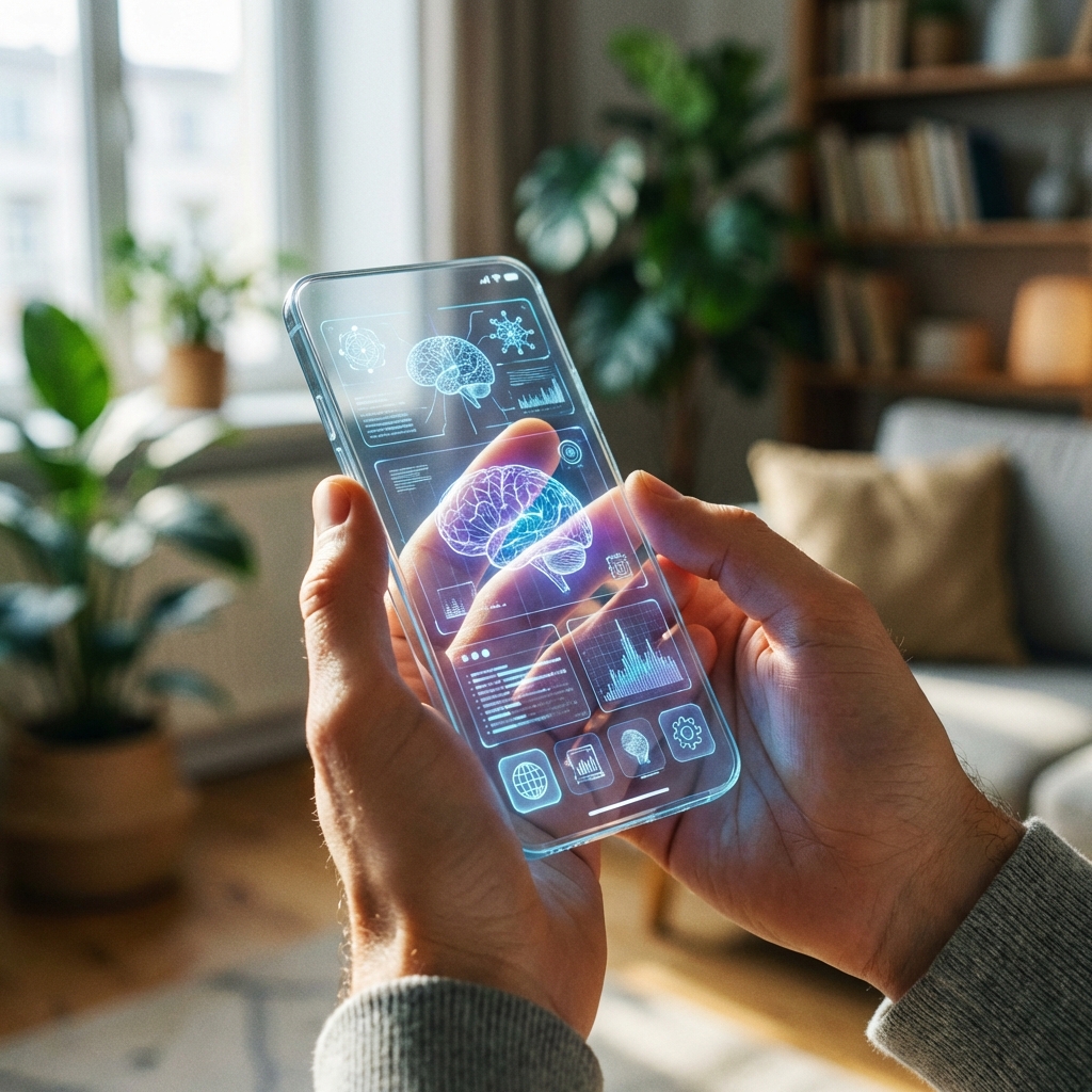 A close-up of hands holding a futuristic smartphone with a translucent screen displaying glowing AI interface elements. Natural indoor lighting with a blurred living room background. No text. 1:1