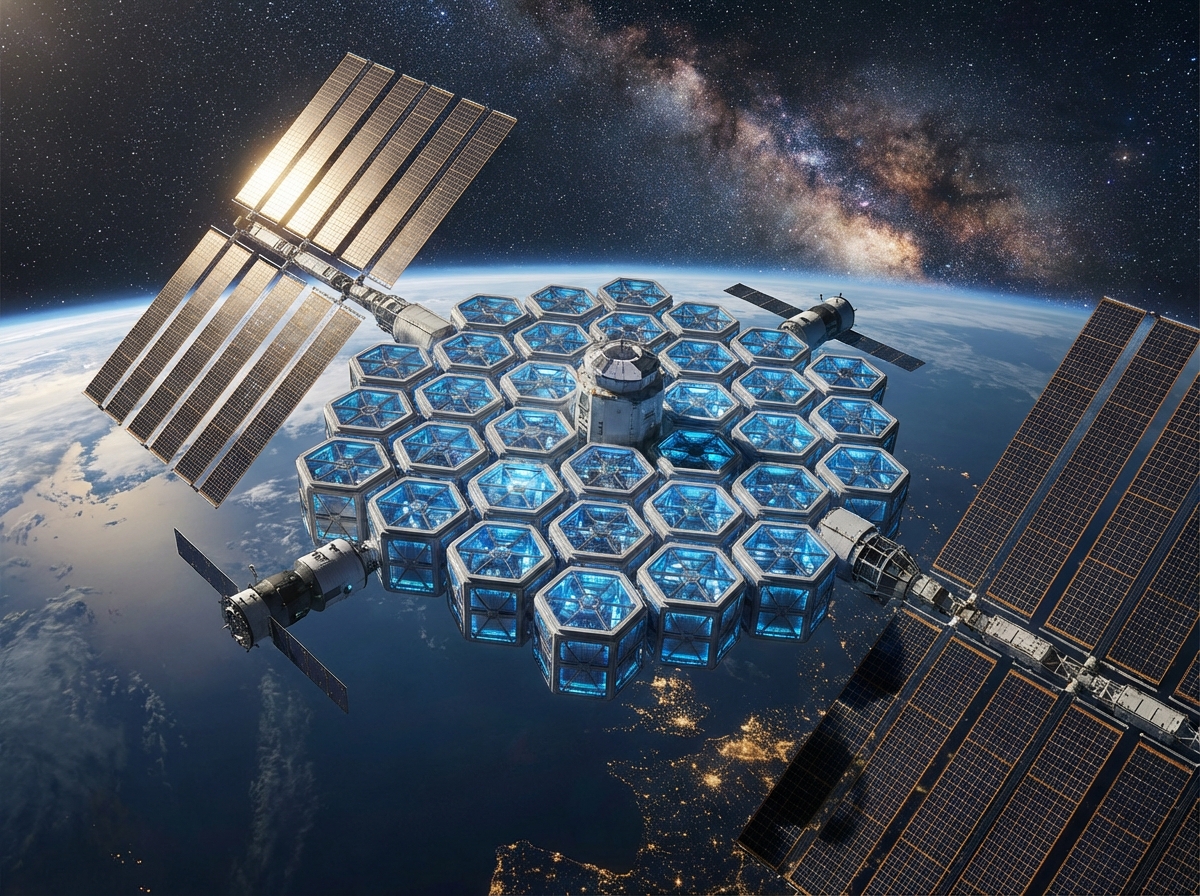 Conceptual visualization of a modular satellite data center in Earth orbit, glowing with blue light, powered by massive solar arrays, photorealistic space environment, 4:3