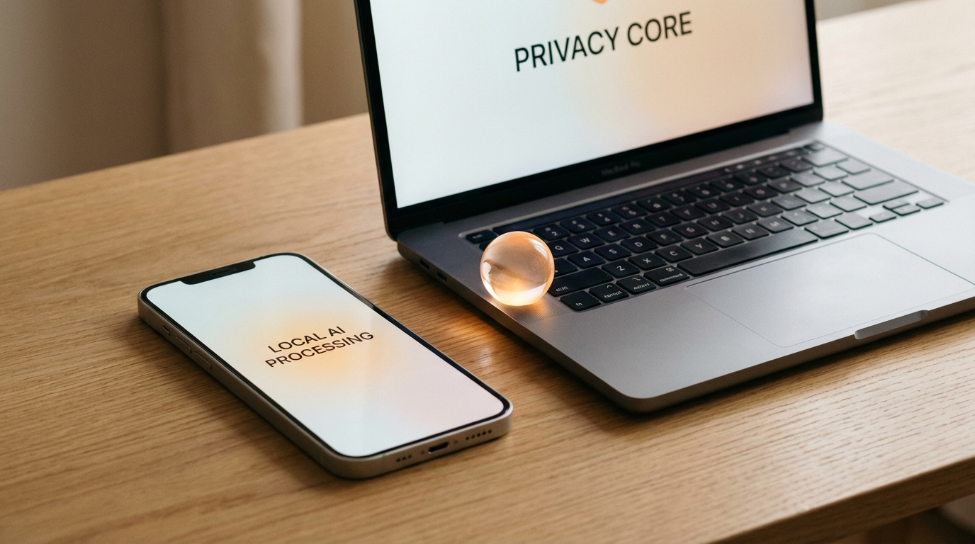 A clean and minimalist conceptual image of a small glowing AI orb integrated into a smartphone and laptop, representing privacy and local AI processing, soft warm lighting, professional photography. 16:9