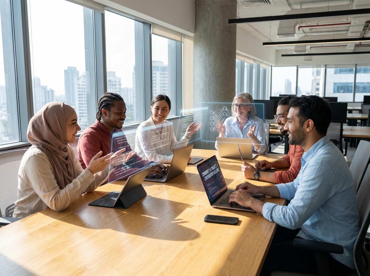 전 세계 개발자들이 오픈소스 프로젝트를 위해 협업하는 현대적인 사무실 풍경