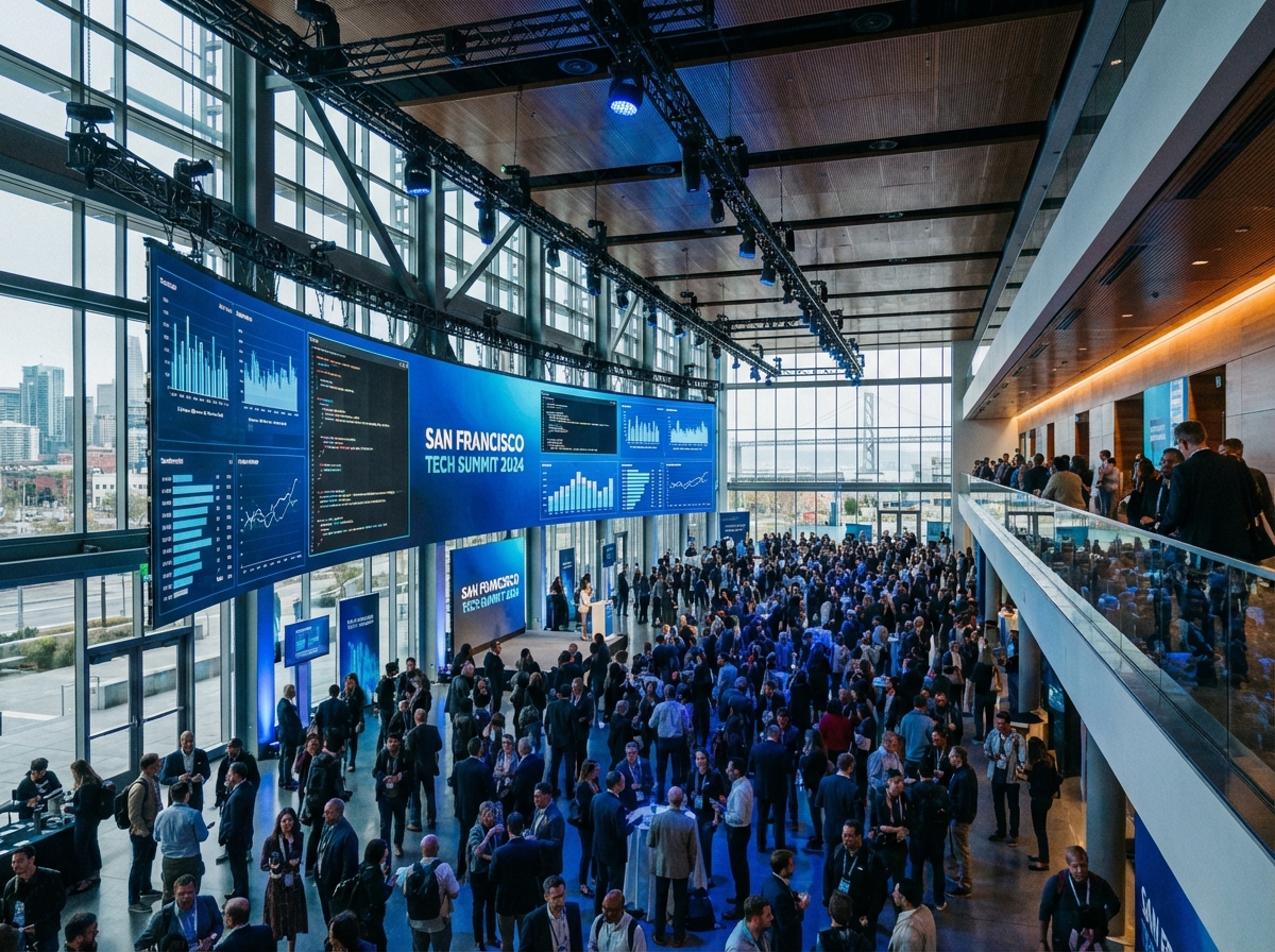 A high-angle wide shot of a bustling modern tech conference hall in San Francisco, large screens displaying tech graphics, a diverse crowd of professionals networking, vibrant blue and white lighting, cinematic atmosphere, 4:3