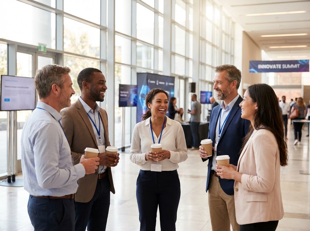 A group of diverse professionals talking and laughing while holding coffee cups in a modern lobby, natural light, blurred background of a tech event, realistic lifestyle photography, 4:3