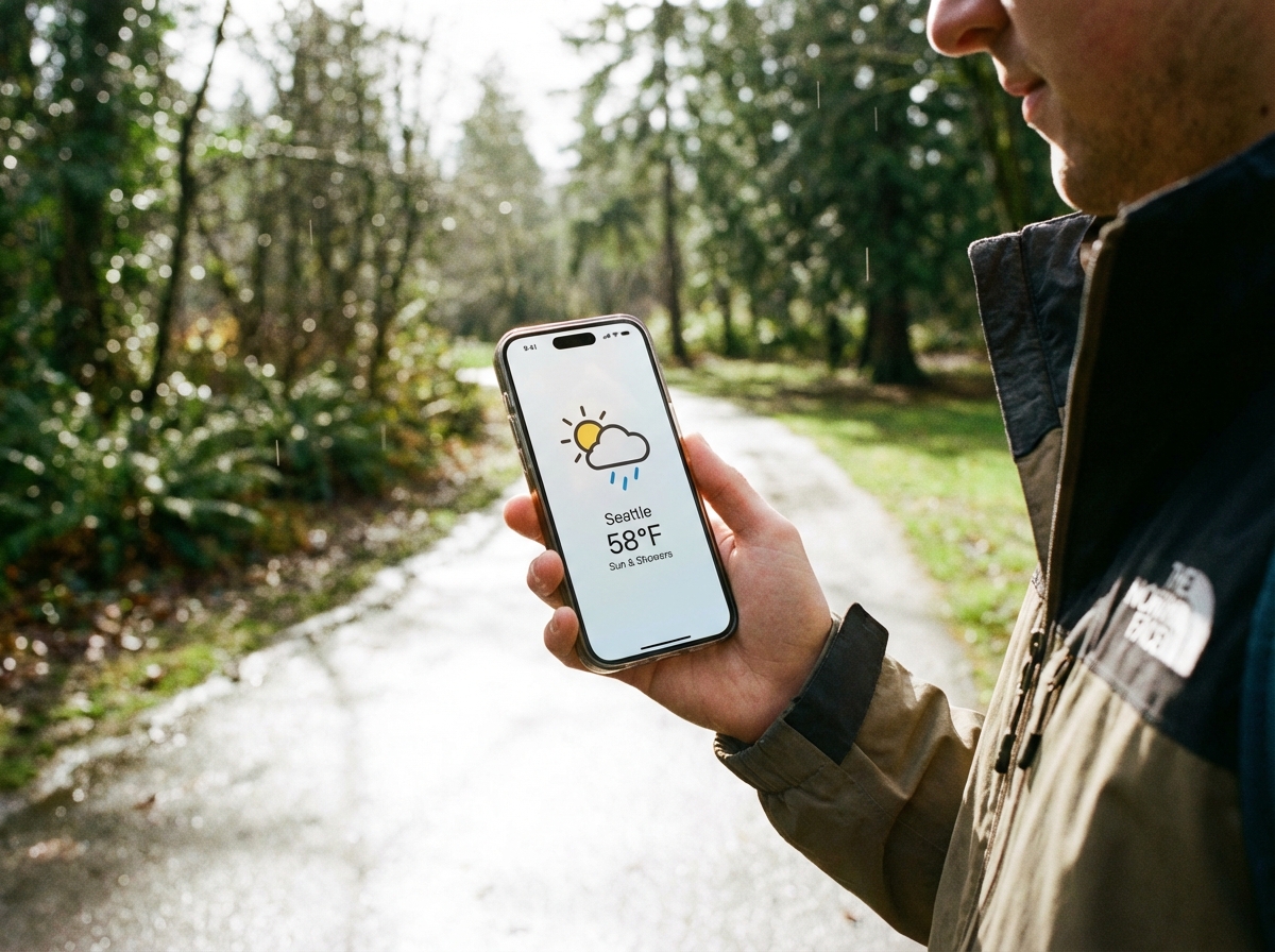 A person holding a modern smartphone showing a weather forecast app with sun and rain icons, outdoor park background, bright natural lighting, 4:3