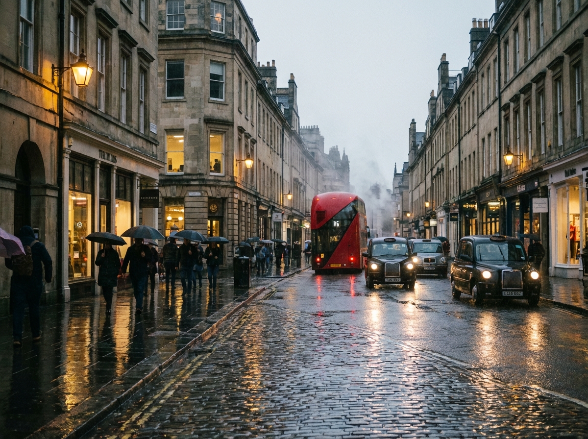 A scenic view of a British street in light rain, people with umbrellas, atmospheric lighting, realistic photography, 4:3