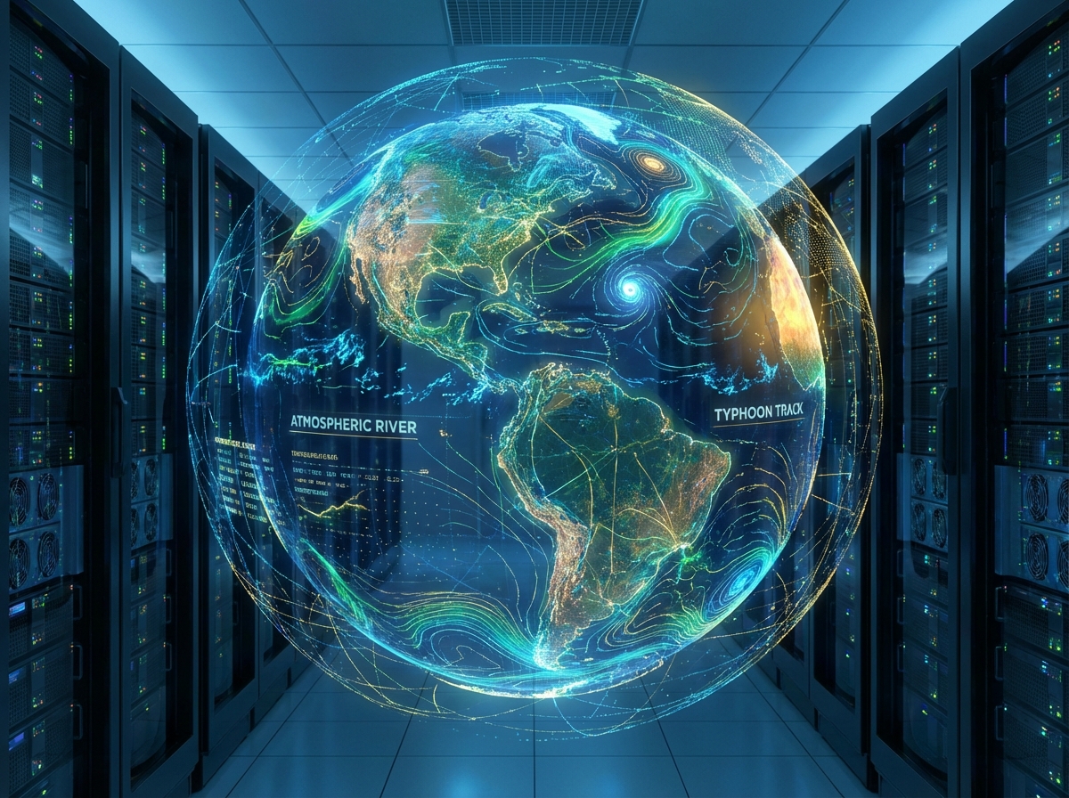 Digital representation of Earth with weather data overlays, glowing lines, high tech server room style, 4:3