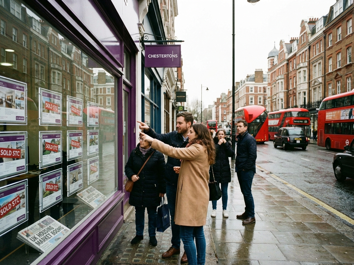 People looking at real estate agent window display in London South Kensington, realistic street photography, urban setting, natural lighting, UK housing market. 4:3