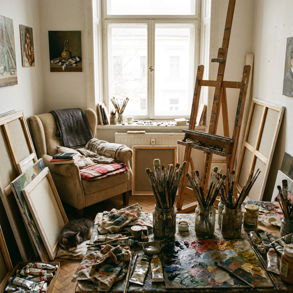 A small and cozy artist studio interior, messy paint brushes, canvases, natural light from a window, realistic lifestyle photography. 1:1