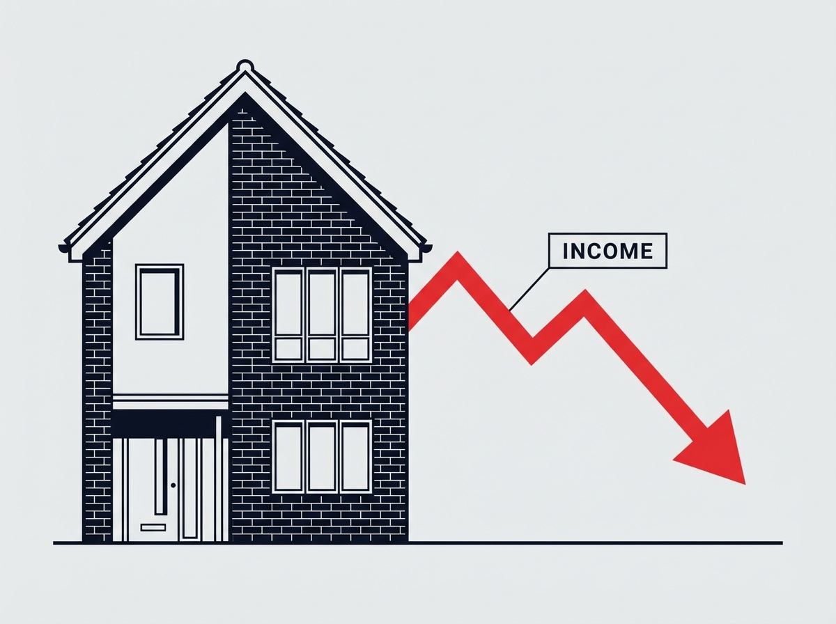 A modern British house and a simple line graph showing downward trend of income, clean composition, high contrast, conceptual illustration. 4:3