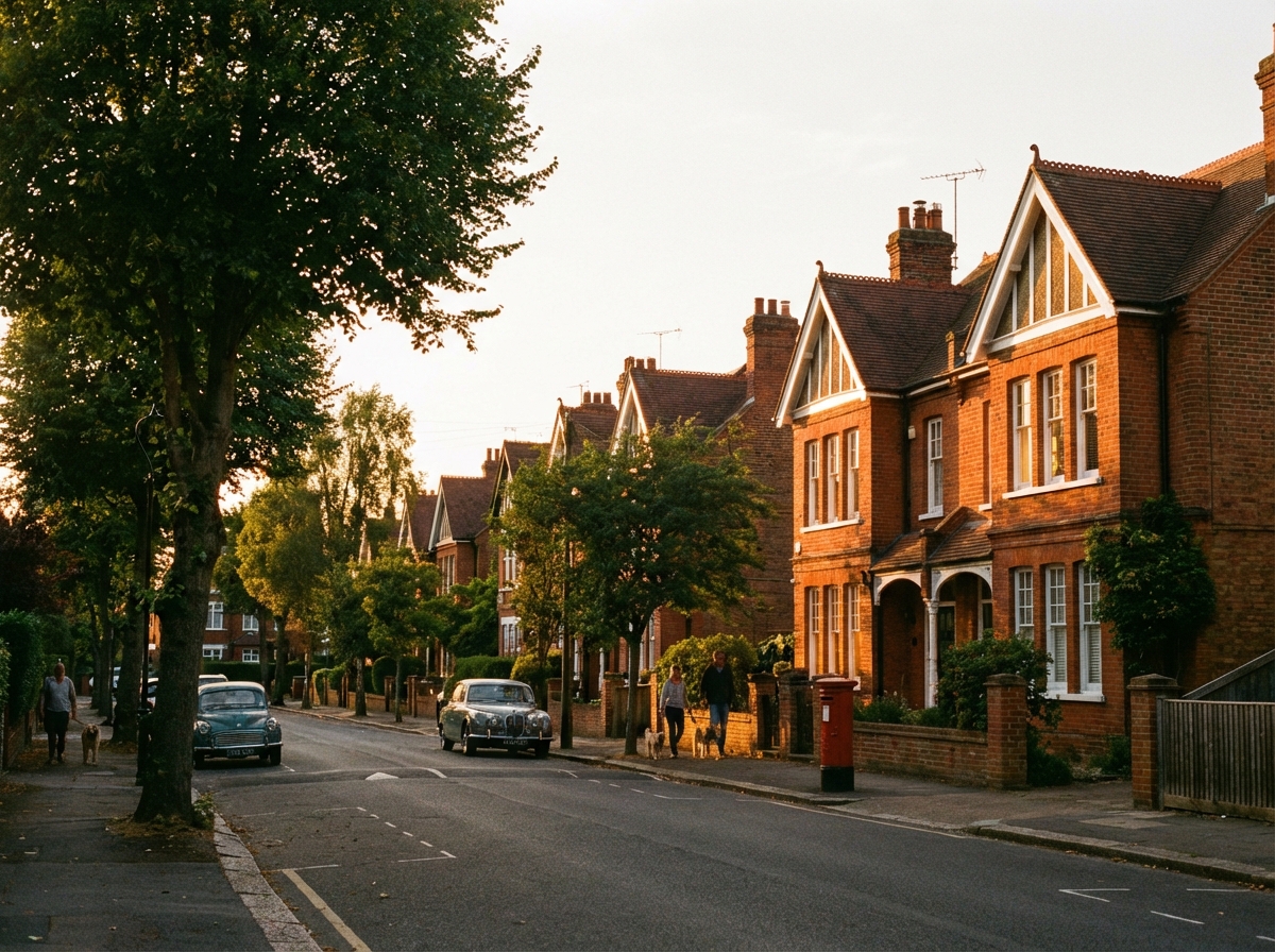 A peaceful suburban street in England at sunset, warm lighting, traditional brick houses, realistic and calm atmosphere. 4:3