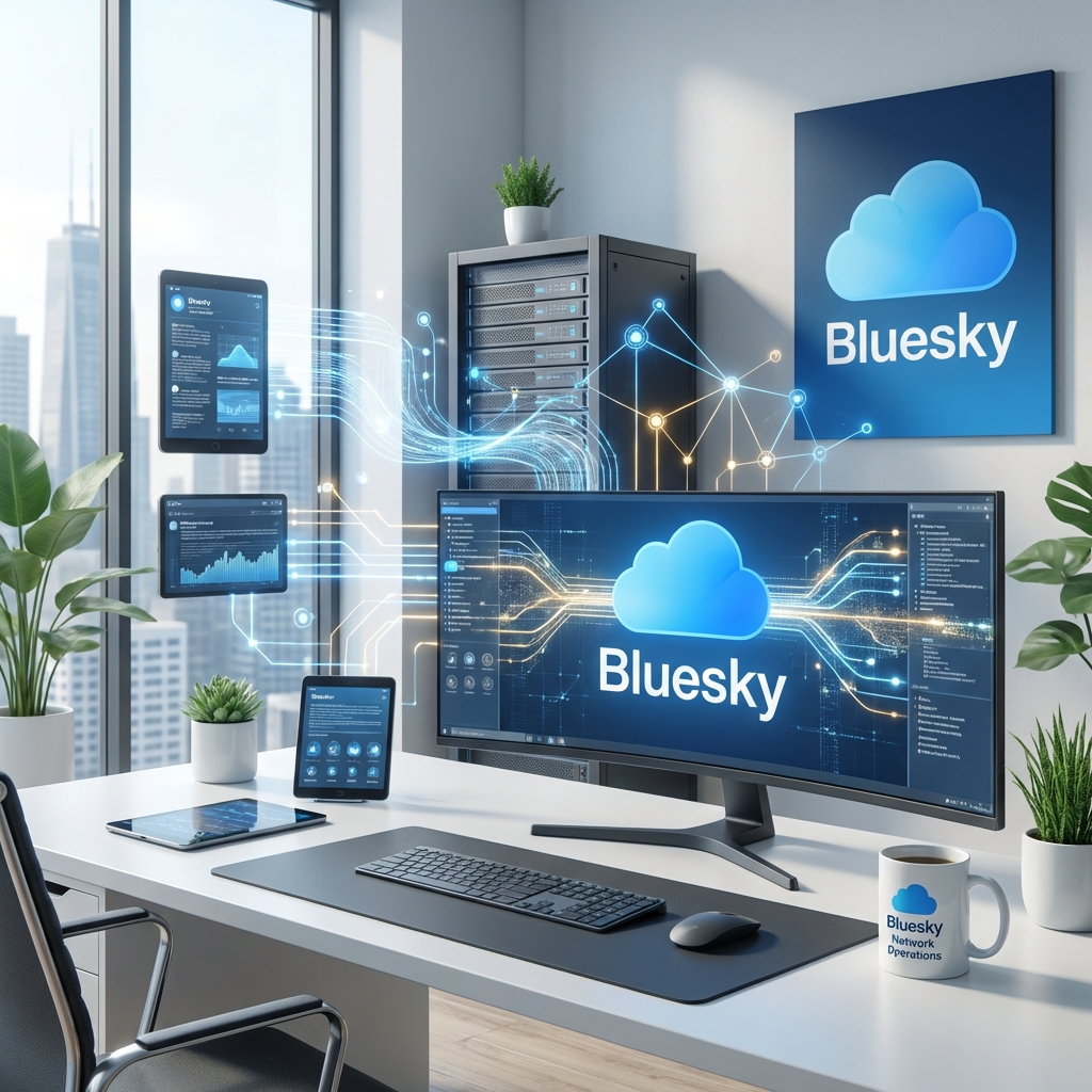 A modern digital workspace featuring the Bluesky social media branding and logo. Visual representations of data streams and networking connections flowing through a clean, high-tech interface. Bright and professional atmosphere. 1:1