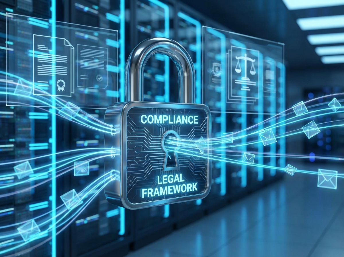 A conceptual image representing digital data security and regulatory compliance. Shimmering blue data packets moving through a secure lock icon, symbolizing legal demands and transparency in a tech environment. 4:3