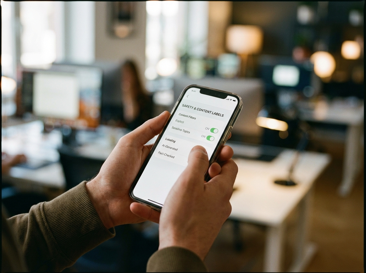 A detailed composition showing a person interacting with a clean mobile interface. The screen displays safety settings and content labels. Background features soft bokeh lights of a modern office. 4:3