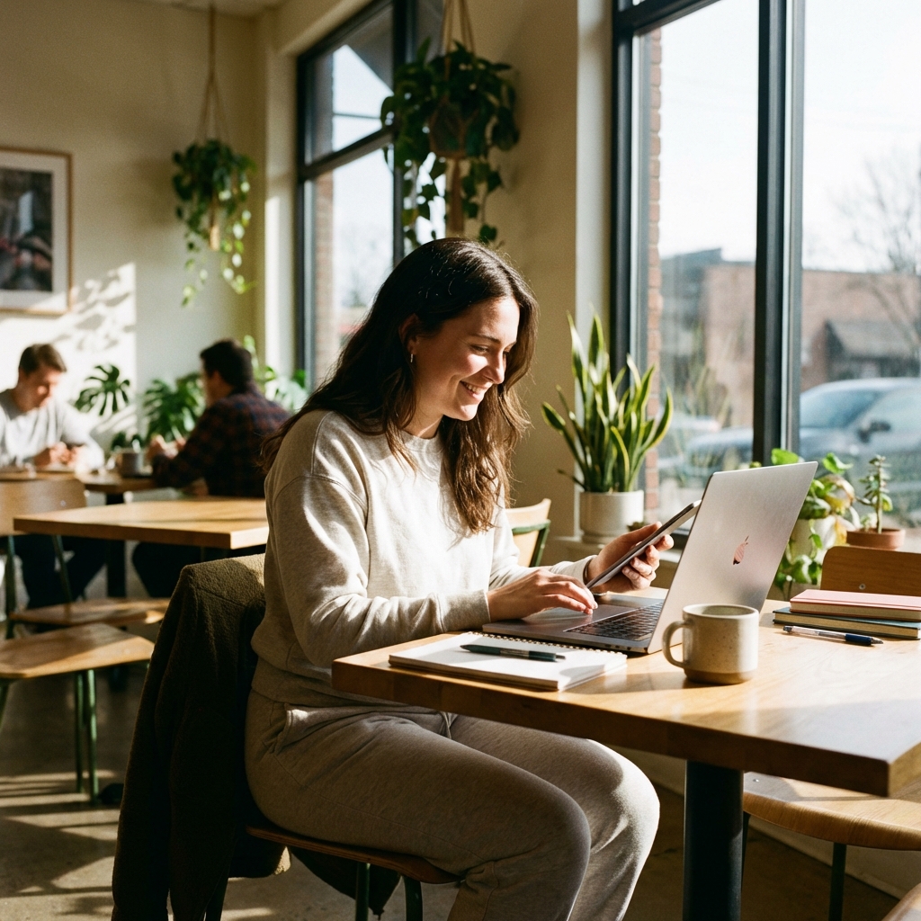 A person working on a laptop and tablet in a warm sunlight cafe, no visible brand logos, natural lifestyle photography, focus on productivity, 1:1