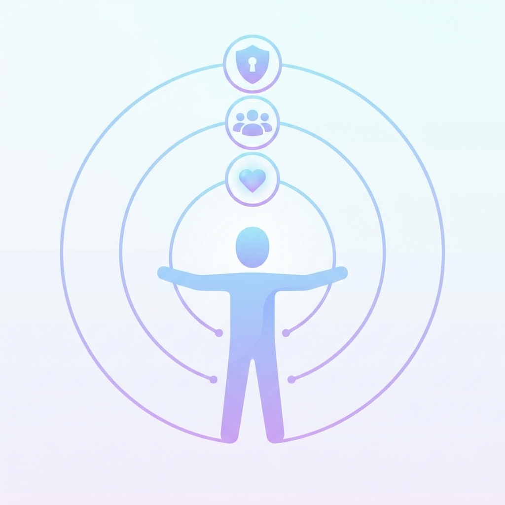 A clean infographic style illustration showing a central figure managing different circles of social connections. Soft pastel colors, blue and purple gradients. Icons representing heart, friends, and privacy shields. Modern and sophisticated layout. No text. 1:1