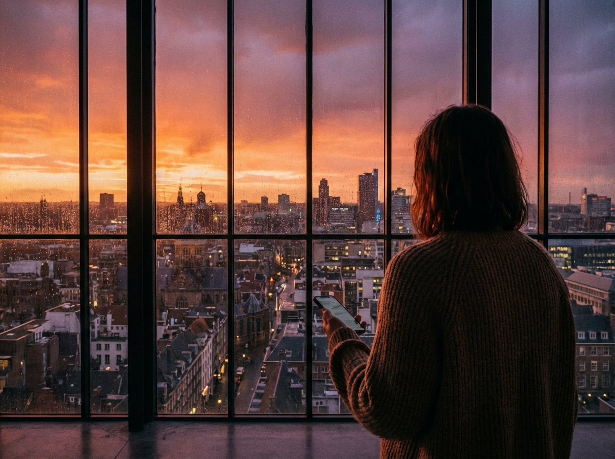 A person looking out of a large window at a beautiful cityscape during sunset. The individual is holding a smartphone but not looking at it, suggesting a moment of reflection and digital balance. Moody lighting with orange and purple hues. 4:3