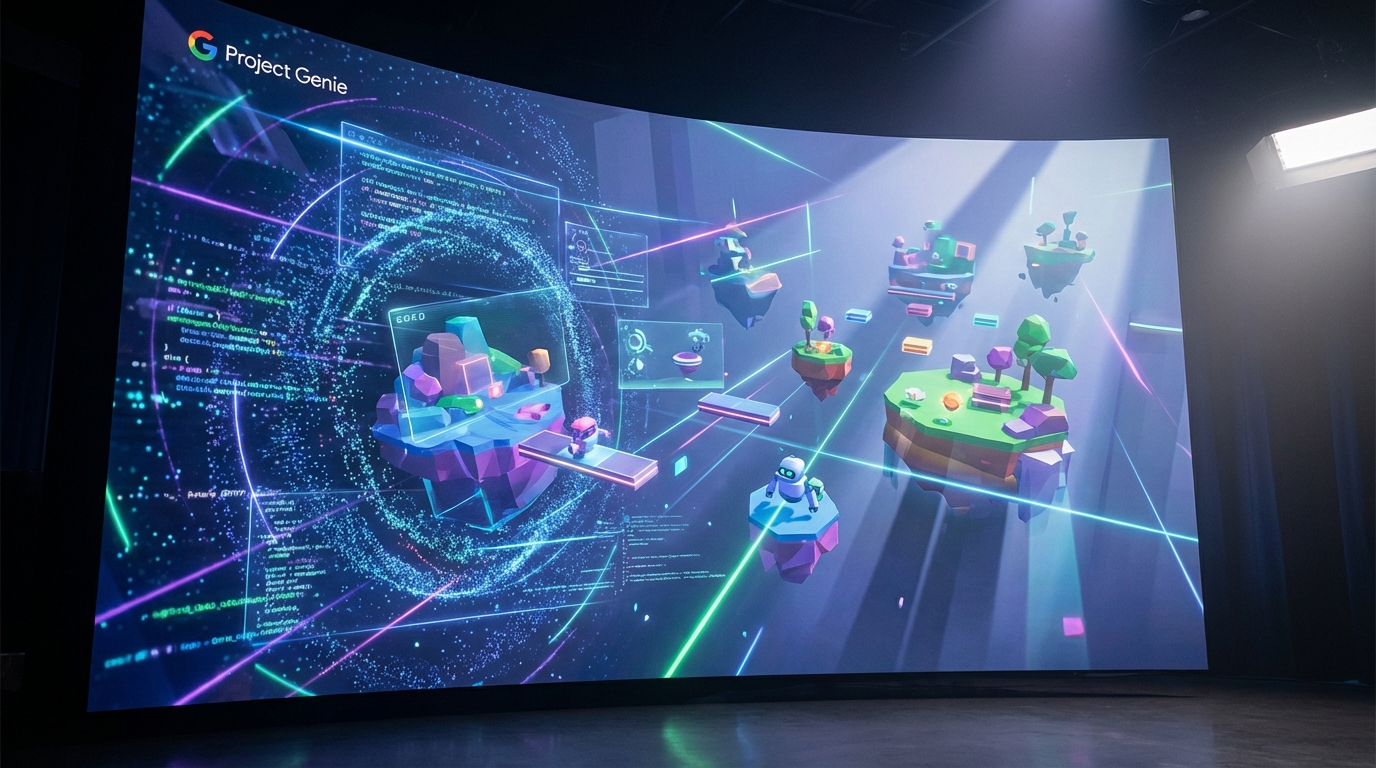 A futuristic digital landscape showing a vibrant 3D platformer game world being generated by flowing AI data streams, Google Project Genie style, high resolution, cinematic lighting, 16:9 aspect ratio. 4:3