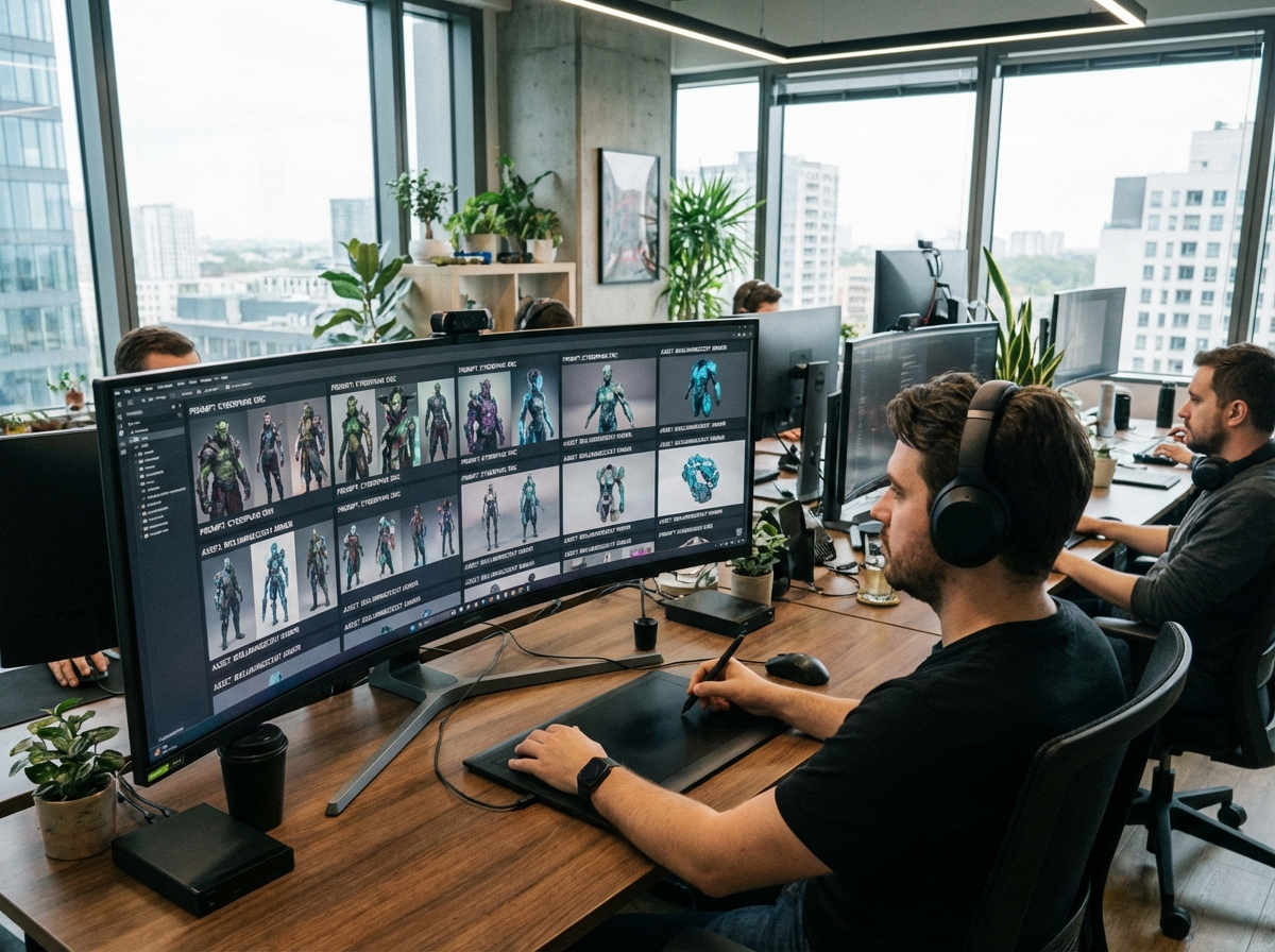 A high-tech game development studio where a developer is looking at a screen displaying AI generated character concepts and 3D assets, natural indoor lighting, realistic textures, 4:3