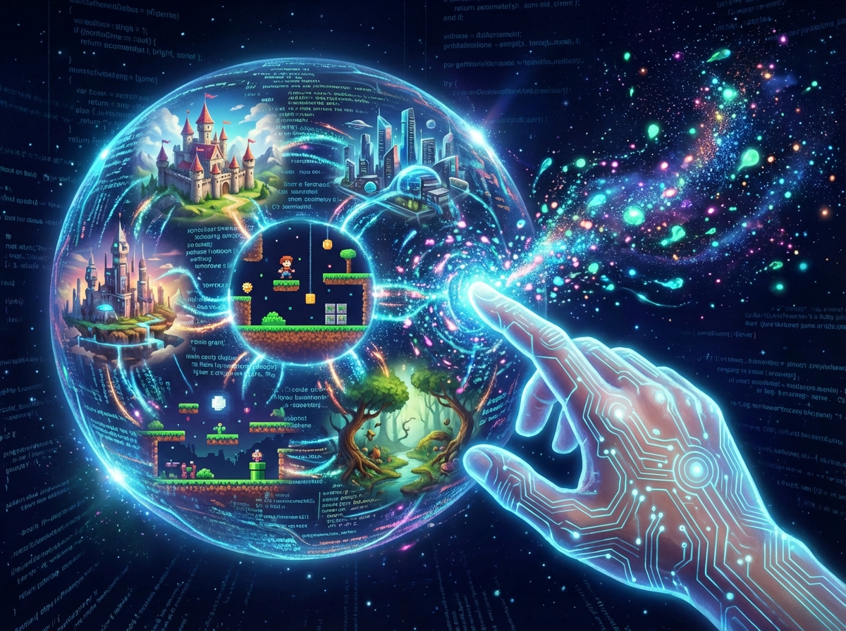 A conceptual illustration of a human hand touching a digital sphere that contains multiple game worlds, representing the fusion of human creativity and AI technology, glowing particles, dark background, 4:3