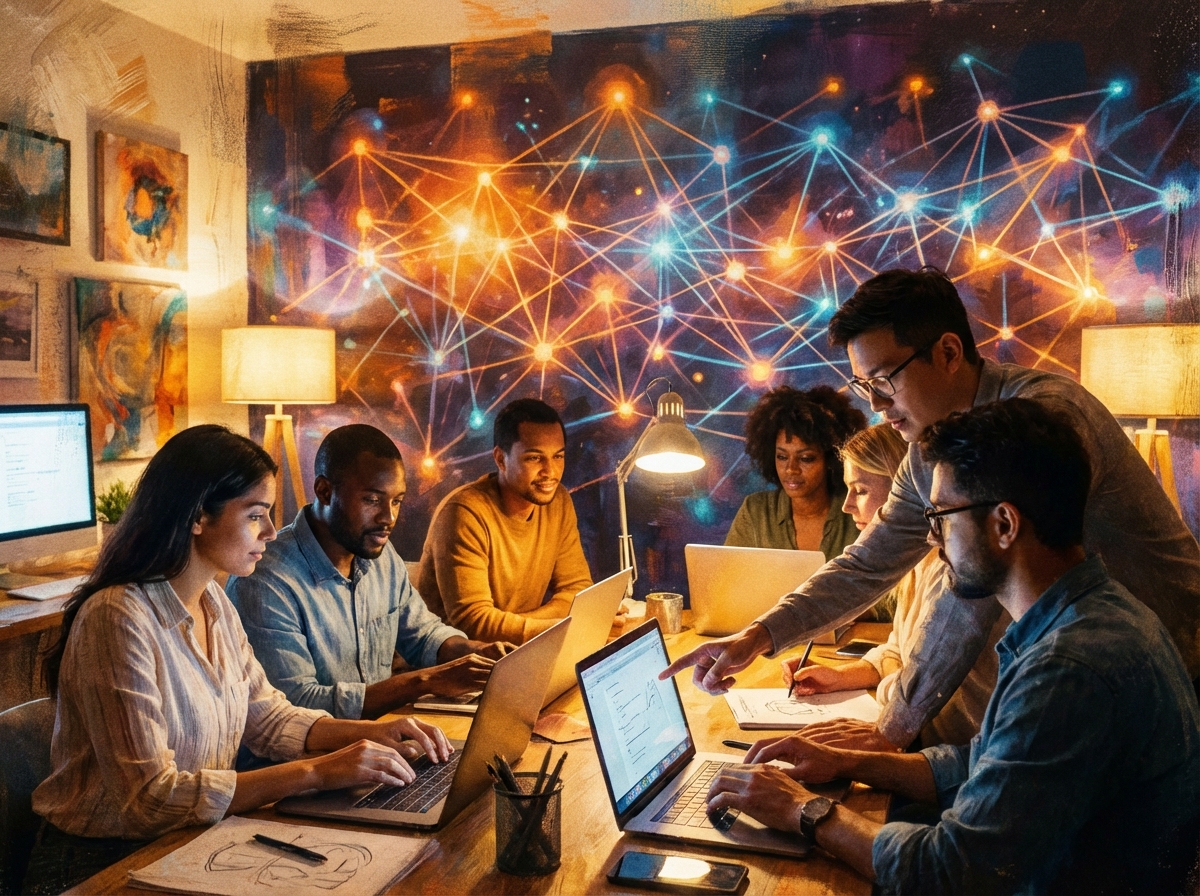 A diverse group of people collaborating on laptops with a background of glowing interconnected digital lines, artistic textured rendering, warm lighting, 4:3