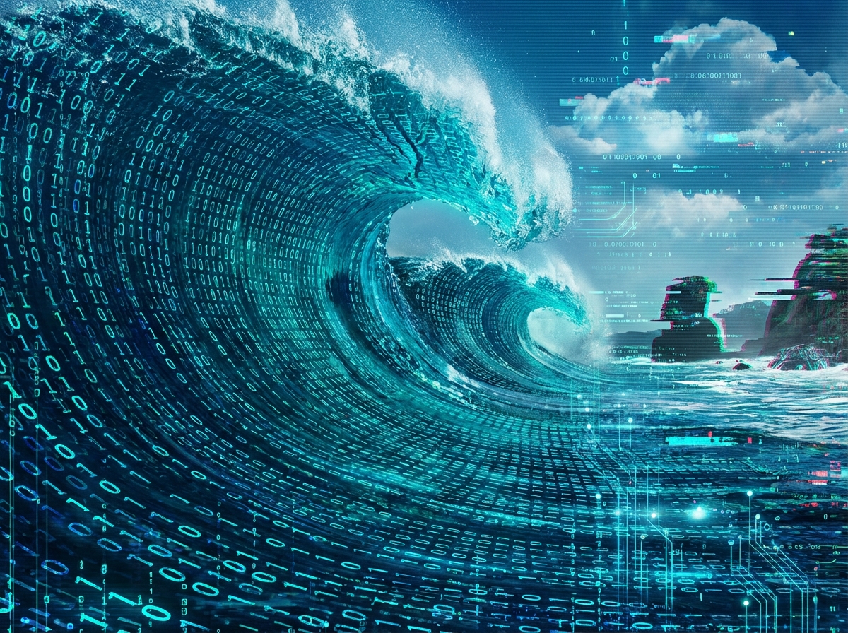 A surreal and detailed composition of ocean waves morphing into digital binary code, deep blue and teal colors, visually rich with high detail, 4:3