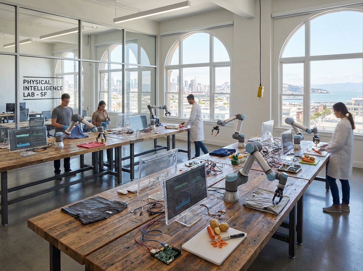 A modern robotics laboratory in San Francisco with robotic arms practicing tasks like folding clothes and peeling vegetables, high-tech monitors and wires on wooden tables, natural lighting, Physical Intelligence research environment style, 4:3