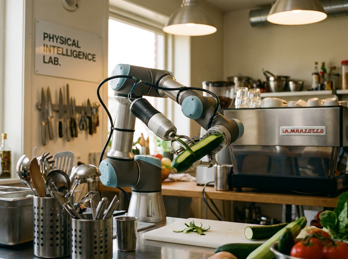 A robotic arm in a test kitchen peeling a zucchini with precision, surrounding kitchen tools and espresso machine, soft warm lighting, realistic photography focusing on robot dexterity, Physical Intelligence theme, 4:3