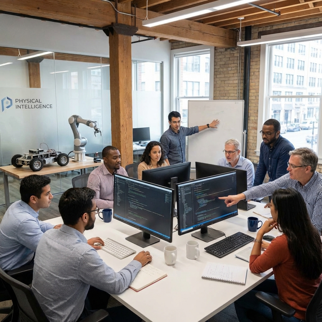 Group of diverse engineers and researchers in a bright open workspace looking at code on monitors, robotic limbs in the background, professional and collaborative atmosphere, Physical Intelligence office vibes, 1:1