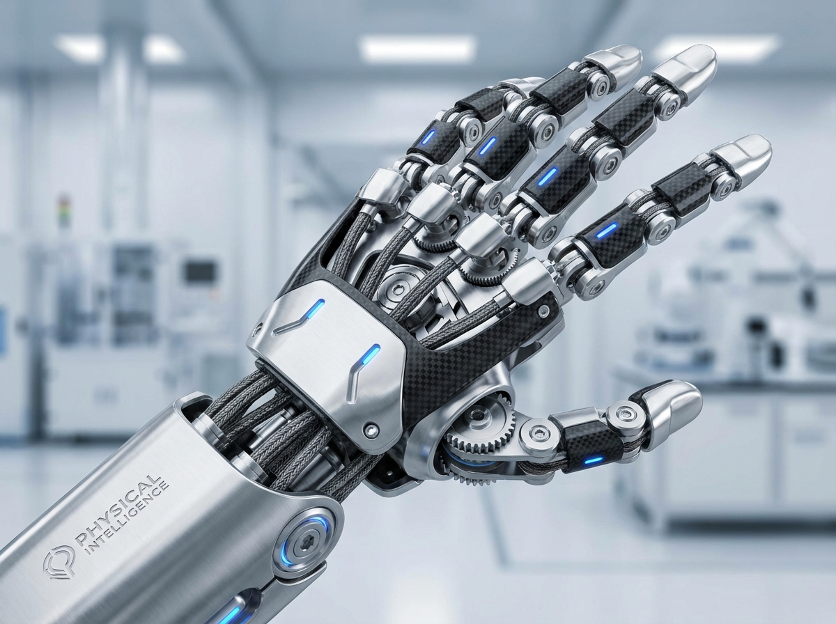 Close-up of a robotic hand with visible wires and joints, high precision components, clean technology aesthetic, focus on the mechanical structure, Physical Intelligence branding style, 4:3