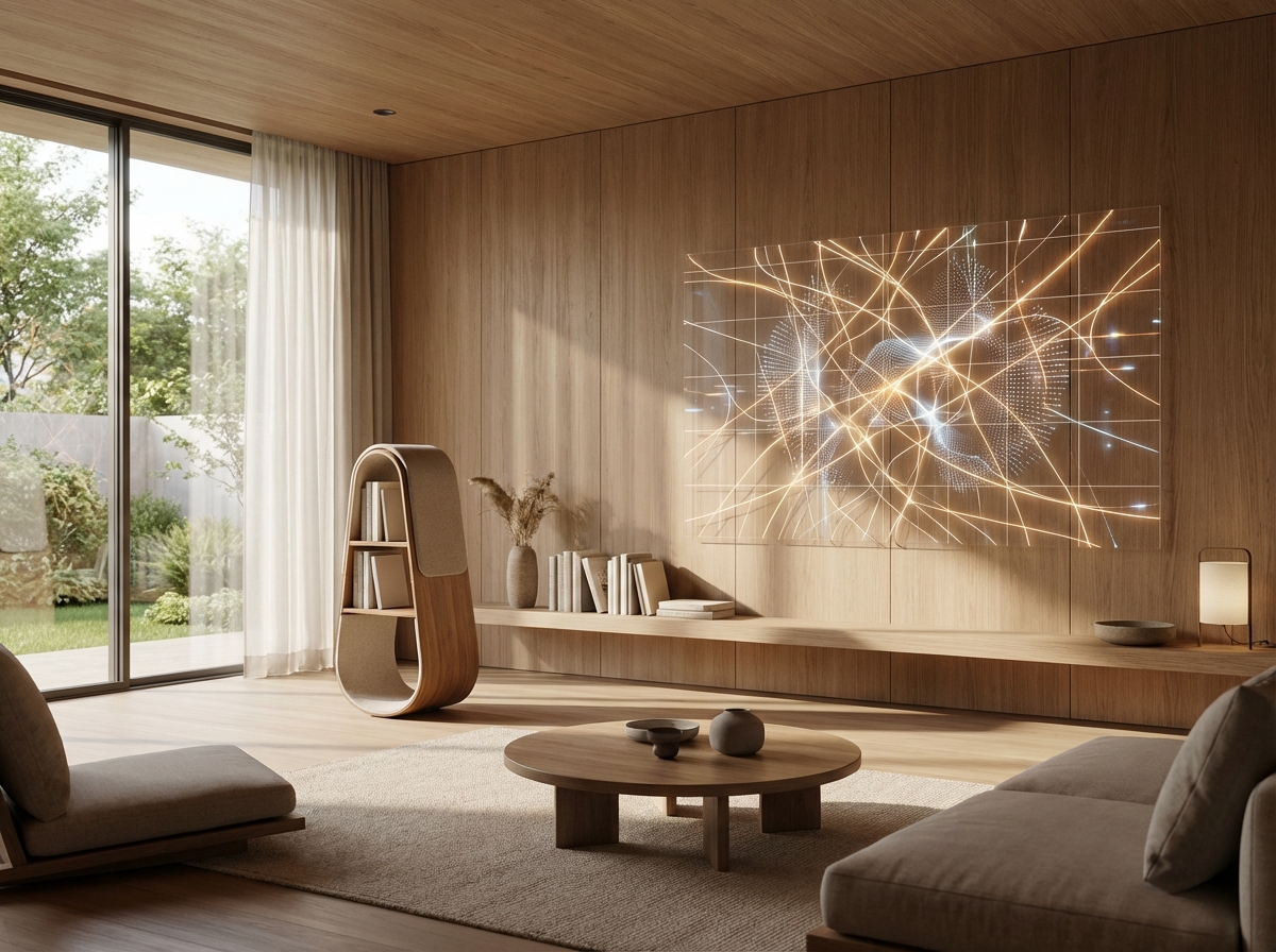 A futuristic minimalist living room where a subtle robotic helper is organized, soft daylight, warm wooden interior, peaceful atmosphere, abstract representation of AI integration, 4:3