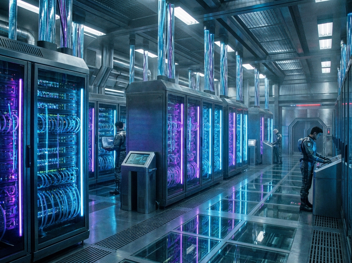서버실 내부에서 디지털 데이터가 흐르는 미래적인 풍경