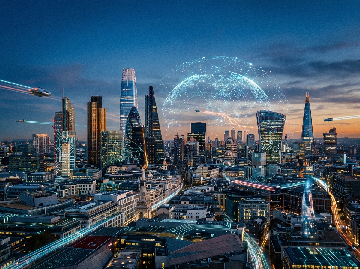 도시 위로 디지털 레이어가 겹쳐진 미래 지향적 풍경