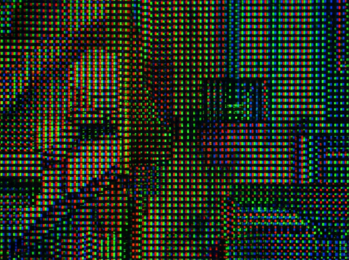 A detailed close-up of a digital display screen showing vibrant colors and complex pixel structures. The image represents high-resolution technology and digital clarity. 4:3