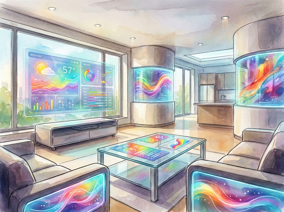 An artistic rendering of future display technology in a smart home environment. Transparent screens and vibrant colors integrated into the interior design. 4:3