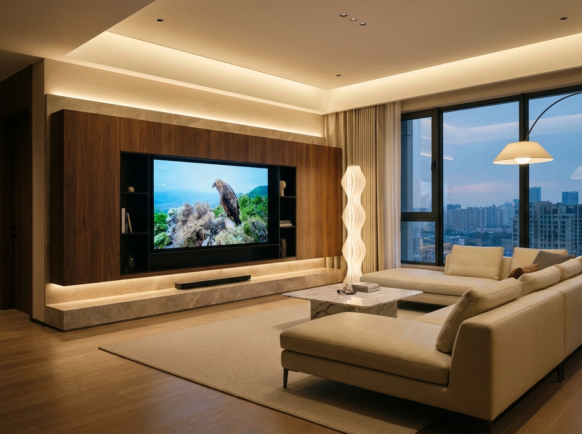 A sophisticated interior design of a living area featuring a high-quality television as a centerpiece. Clean lines, elegant lighting, and professional composition. 4:3