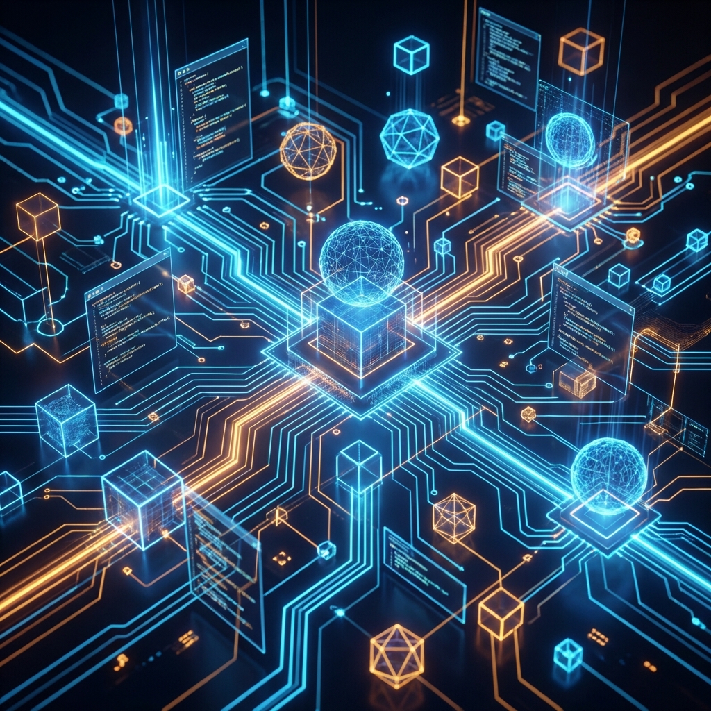 A detailed digital interface showing a network of interconnected code modules and data flows. The lighting is neon blue and amber, giving a high-tech cybersecurity and software architecture feel. No text or charts, just abstract patterns of technology. 1:1