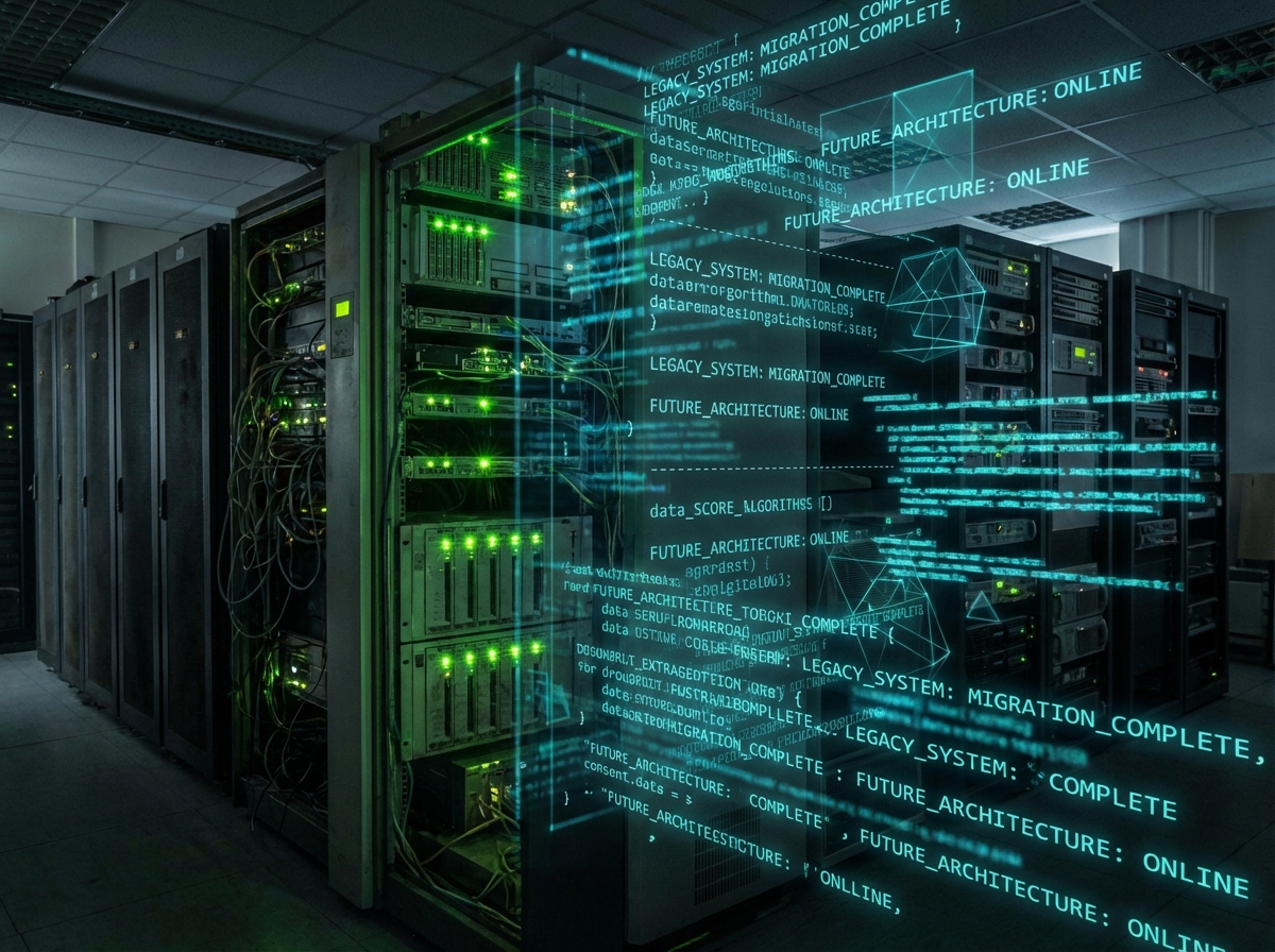 An artistic representation of a dark server room with glowing green lights. A translucent layer of modern code is being overlaid onto old hardware components, symbolizing the modernization of legacy systems. 4:3