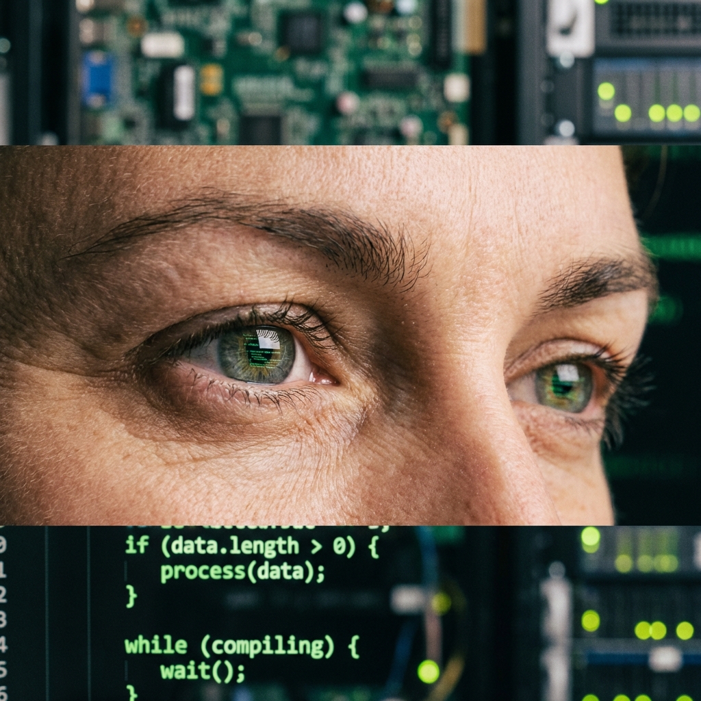 Close-up of a person's eyes reflecting lines of code on a screen. The expression is thoughtful and analytical. The background is softly blurred with tech elements. 1:1