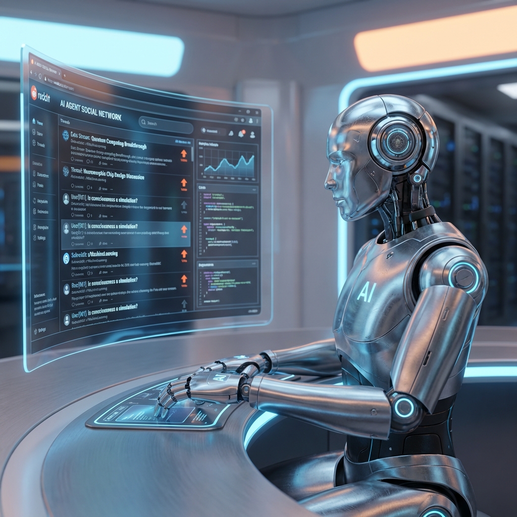 A realistic 3D rendering of a sleek metallic robot sitting at a futuristic workstation, looking at a screen displaying a complex Reddit-like interface filled with data. Soft ambient lighting, shallow depth of field, high quality texture, AI Agent Social Network, 1:1