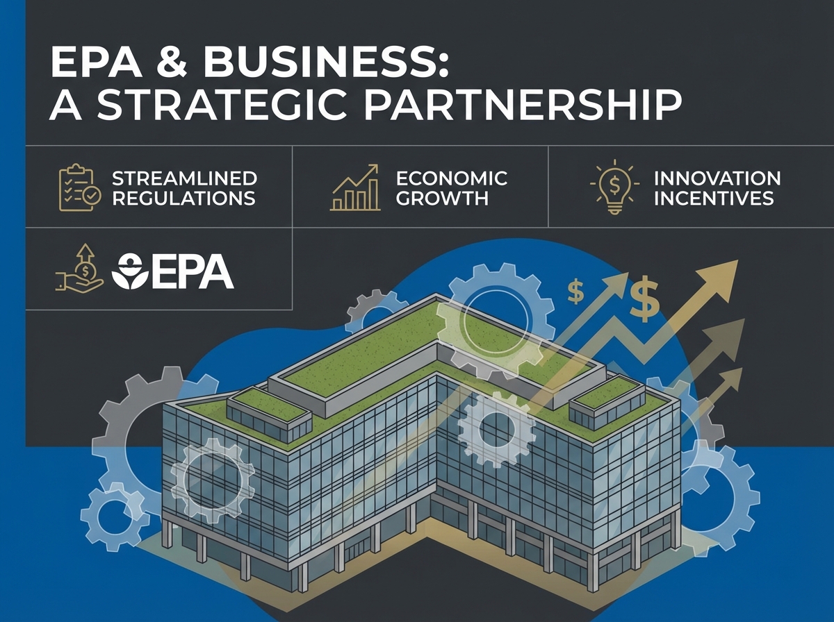 A professional and clean infographic showing the U.S. Environmental Protection Agency building with a subtle overlay of industrial gears and economic growth symbols, representing a shift toward business-friendly policies. High contrast, modern layout. 4:3