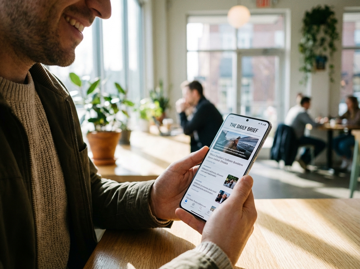 A high-quality lifestyle photograph of a person using a sleek smartphone to read digital news in a bright modern cafe. The screen shows a clean news layout. Natural lighting and soft bokeh background. 4:3